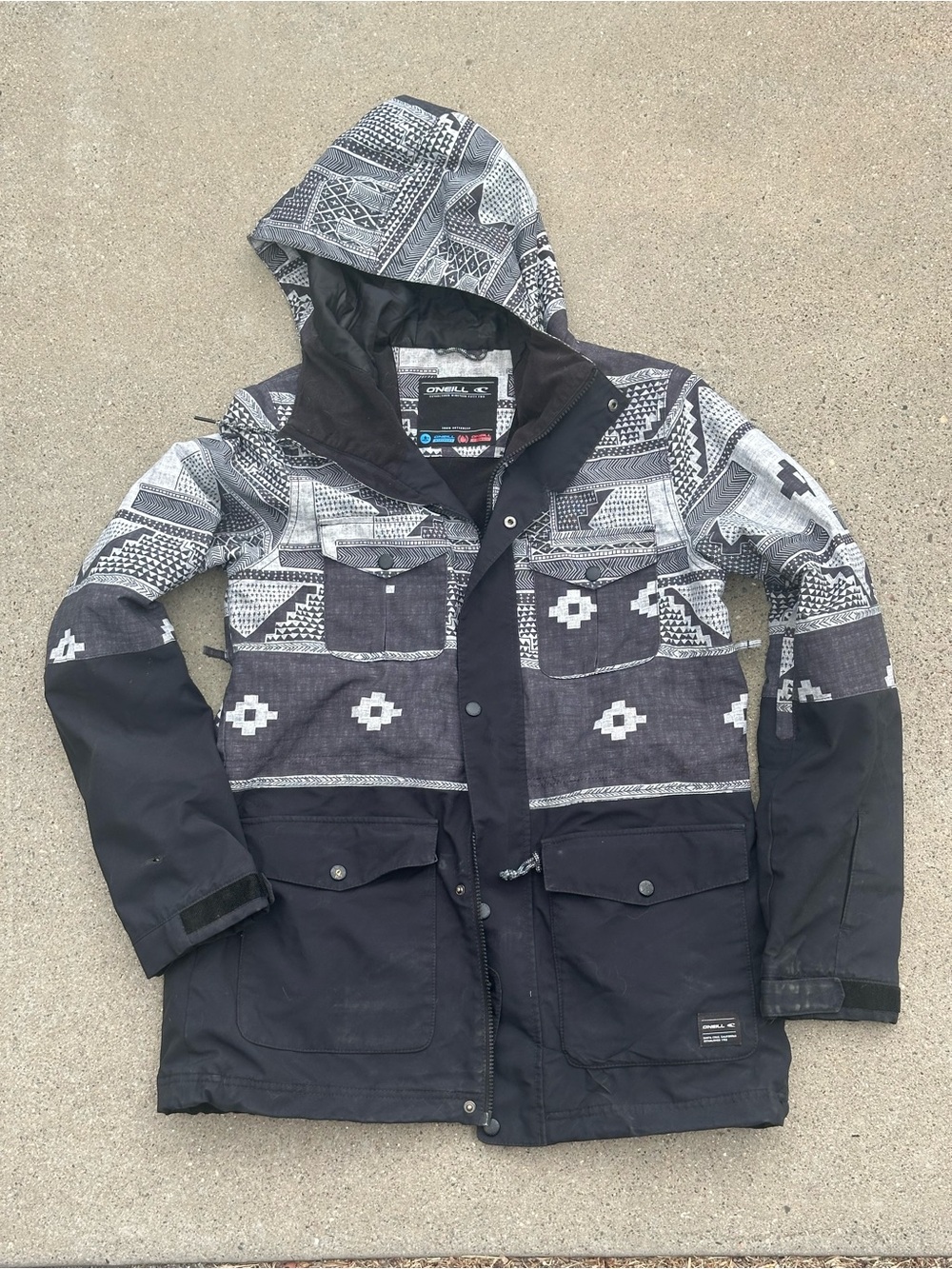 O'Neill Black and Gray Patterned Hooded Snow Jacket